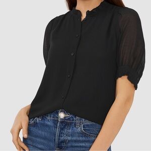 1. State Black Short Sleeve Ruffle Collar Button-Front Blouse